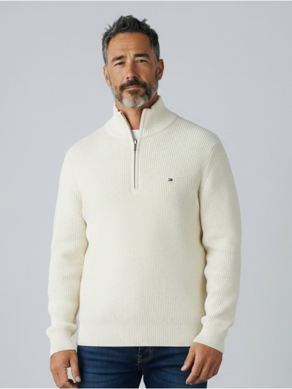 Tommy Hilfiger Men’s Cream Half-Zip Rib Knit Sweater